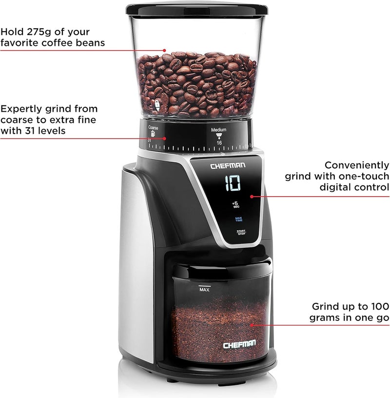 Chefman Conical Burr Coffee Grinder, Create The Boldest & Most Flavorful Grind With 31 Settings From Coarse To Extra Fine, One-Touch Digital Control & 9.7-oz Bean Capacity, Black - Image 1